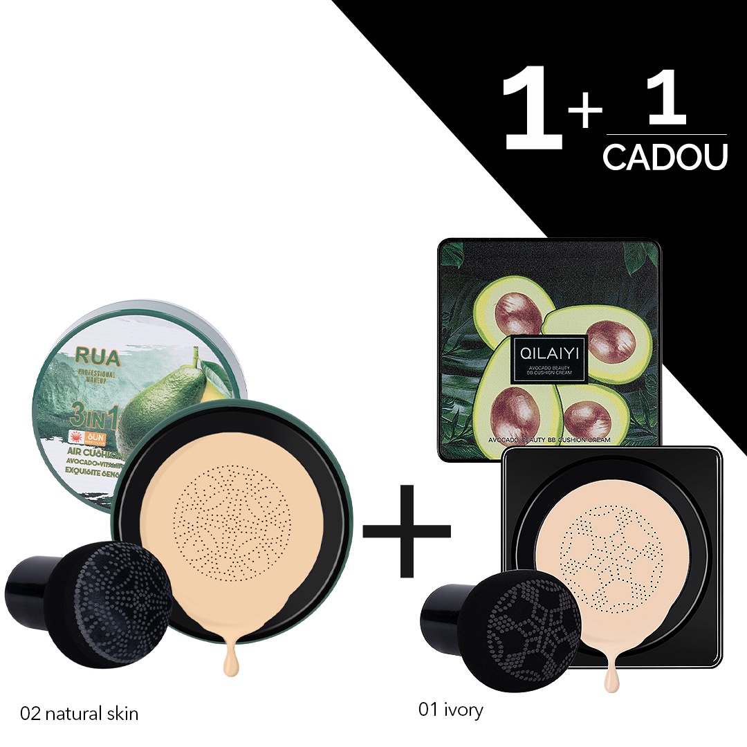 Fond de Ten Air Cusion Cream 3 in 1 Avocado RUA, 02 Natural Skin + CADOU Air Cushion Avocado, Ivory