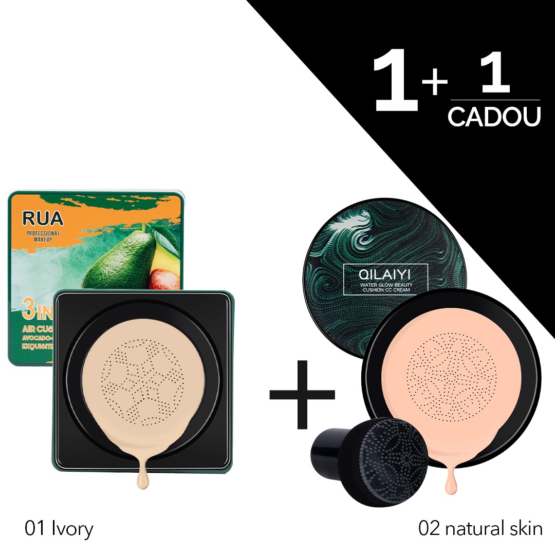 Fond de Ten Air Cusion Cream 3 in 1 Avocado & Vitamin E RUA, 01 Ivory + Fond de Ten CC Cream Air Cushion Refreshing Water Beauty Glow, #02 Natural Skin CADOU