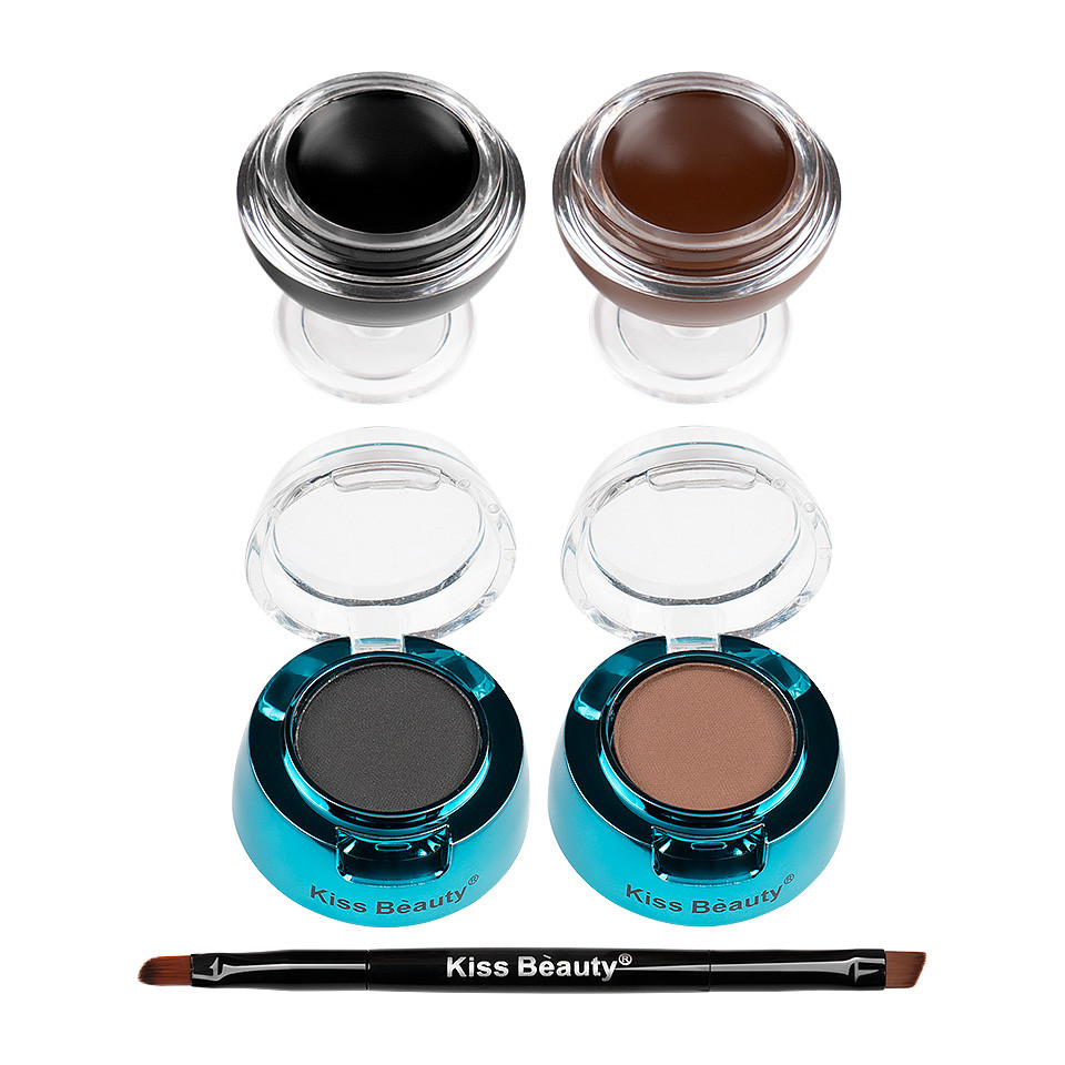 Kit Sprancene 2 in 1 Kiss Beauty Fit Eye, 2 Eyelinere Crema-gel, 2 Pudre Sprancene + Pensula Aplicare