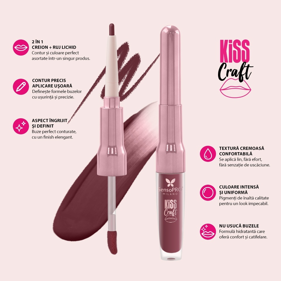 Ruj lichid si creion de buze 2in1 Kiss Craft SensoPRO Milano, Ruby - imagine 3
