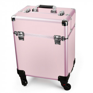 Geanta Produse Cosmetice tip troler din aluminium Baby Pink