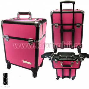 Geanta Produse Cosmetice tip troler din aluminium Fraulein38, Barbie Pink