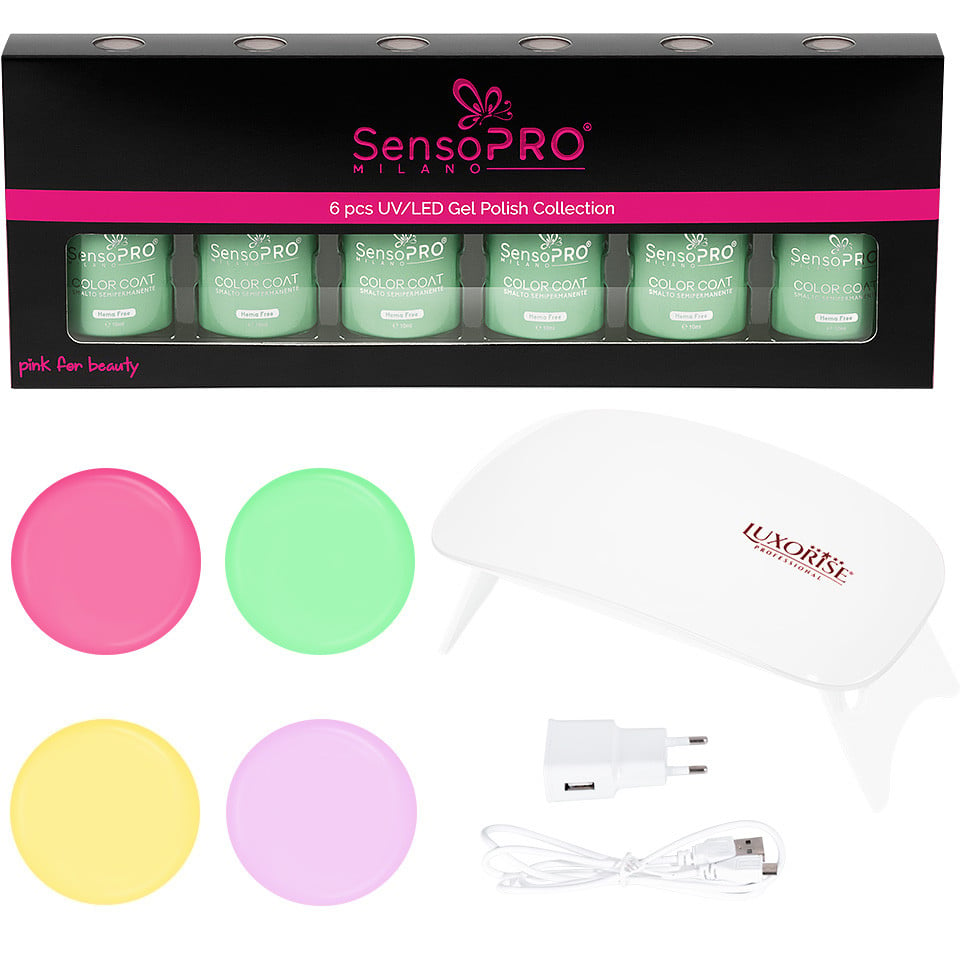 Set 4 Oje Semipermanente, Top & Base Coat Hema Free SensoPRO Milano + Lampa UV, Spring Pastel - 2 | YEO