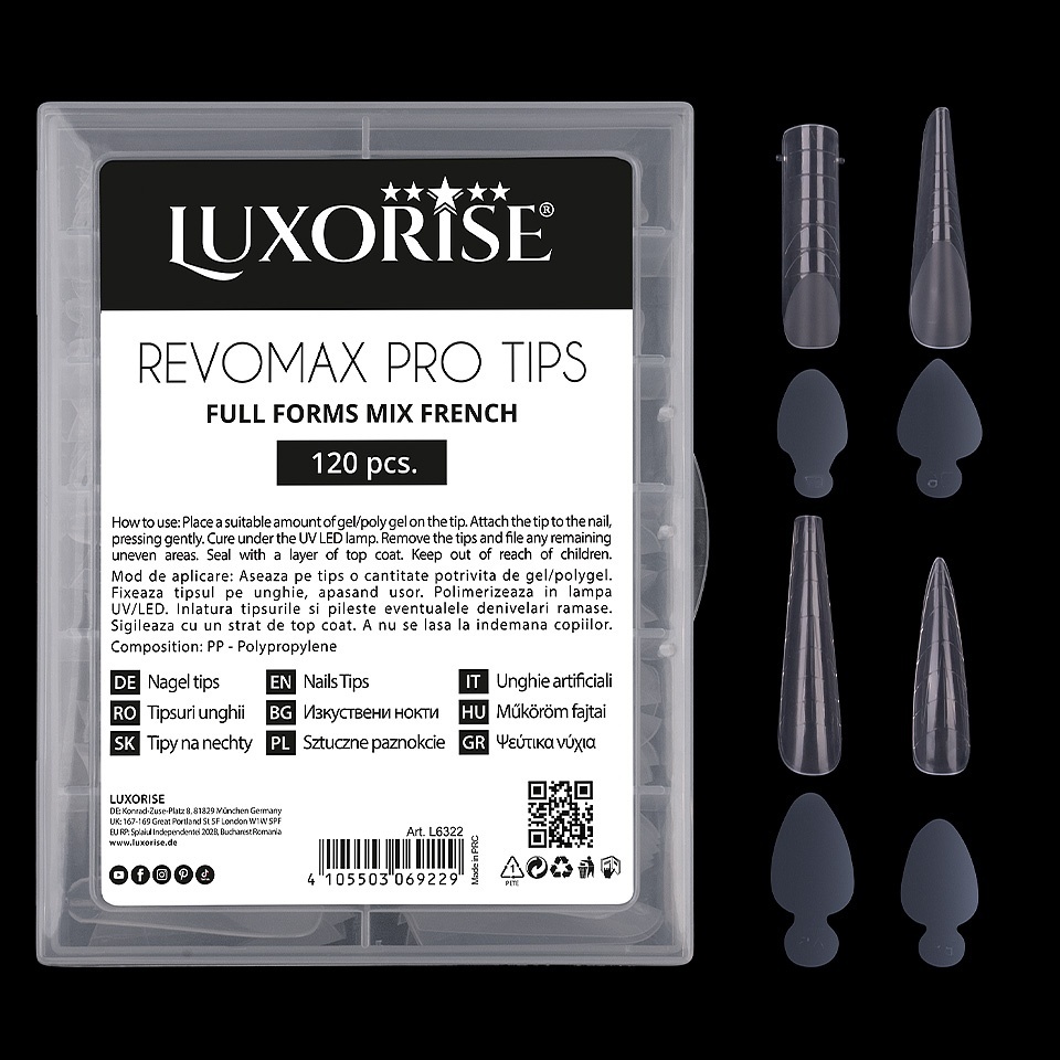 Tipsuri Reutilizabile REVOMAX PRO TIPS LUXORISE Mix French - Full Forms, 96 Tips & 48 French Stickers