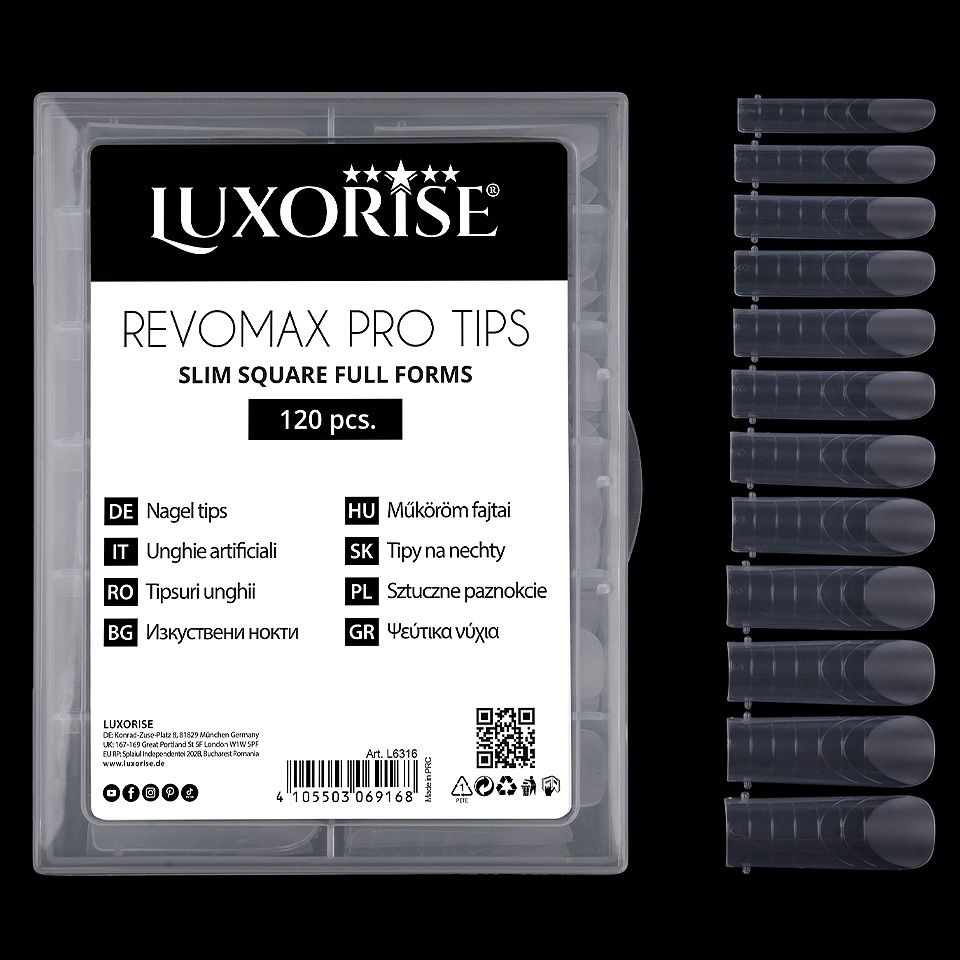 Tipsuri Reutilizabile REVOMAX PRO TIPS LUXORISE Slim Square - Full Forms pentru Polygel si gel, 120 buc