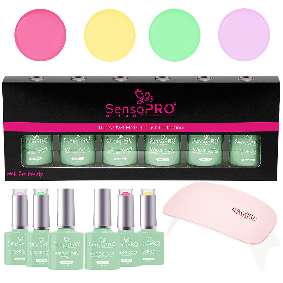 Set 4 Oje Semipermanente, Top & Base Coat Hema Free SensoPRO Milano + Lampa UV, Spring Pastel - 3 | YEO