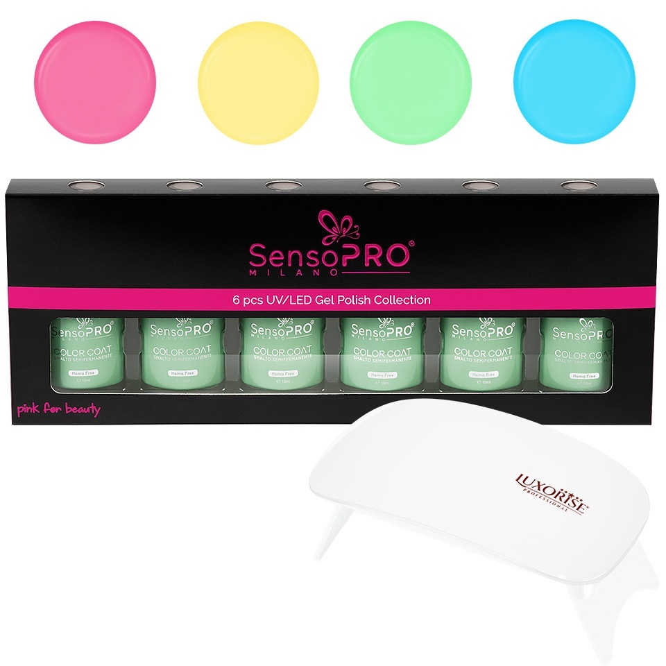Set 4 Oje Semipermanente, Top & Base Coat Hema Free SensoPRO Milano + Lampa UV, Spring Pastel - 1 | YEO