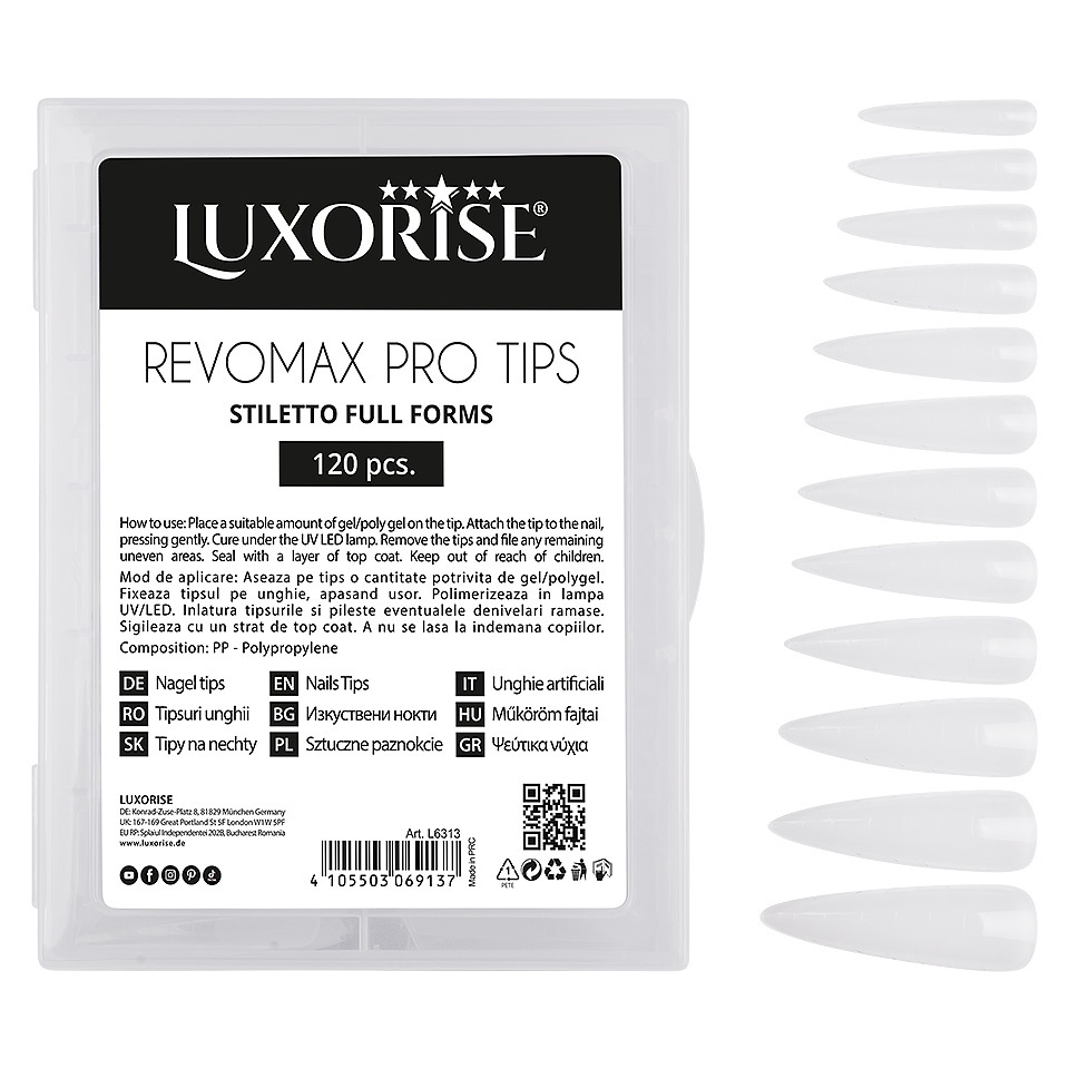 Tipsuri Reutilizabile Polygel & Gel REVOMAX PRO TIPS LUXORISE Stiletto Full Forms, 120 buc - 3 | YEO