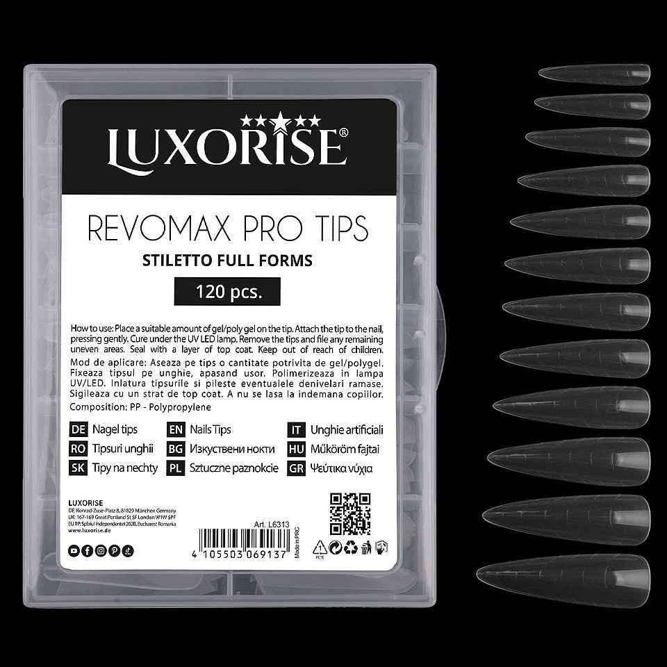 Tipsuri Reutilizabile Polygel & Gel REVOMAX PRO TIPS LUXORISE Stiletto Full Forms, 120 buc