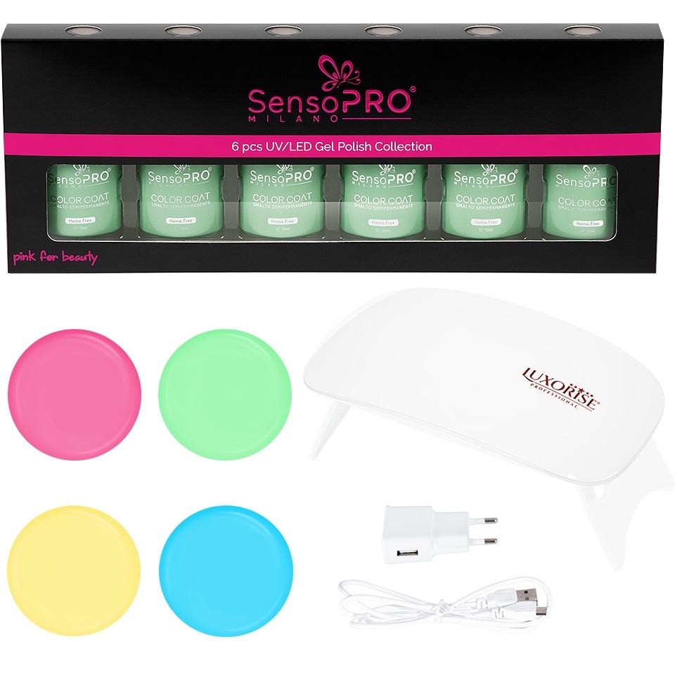Set 4 Oje Semipermanente, Top & Base Coat Hema Free SensoPRO Milano + Lampa UV, Spring Pastel - 2 | YEO