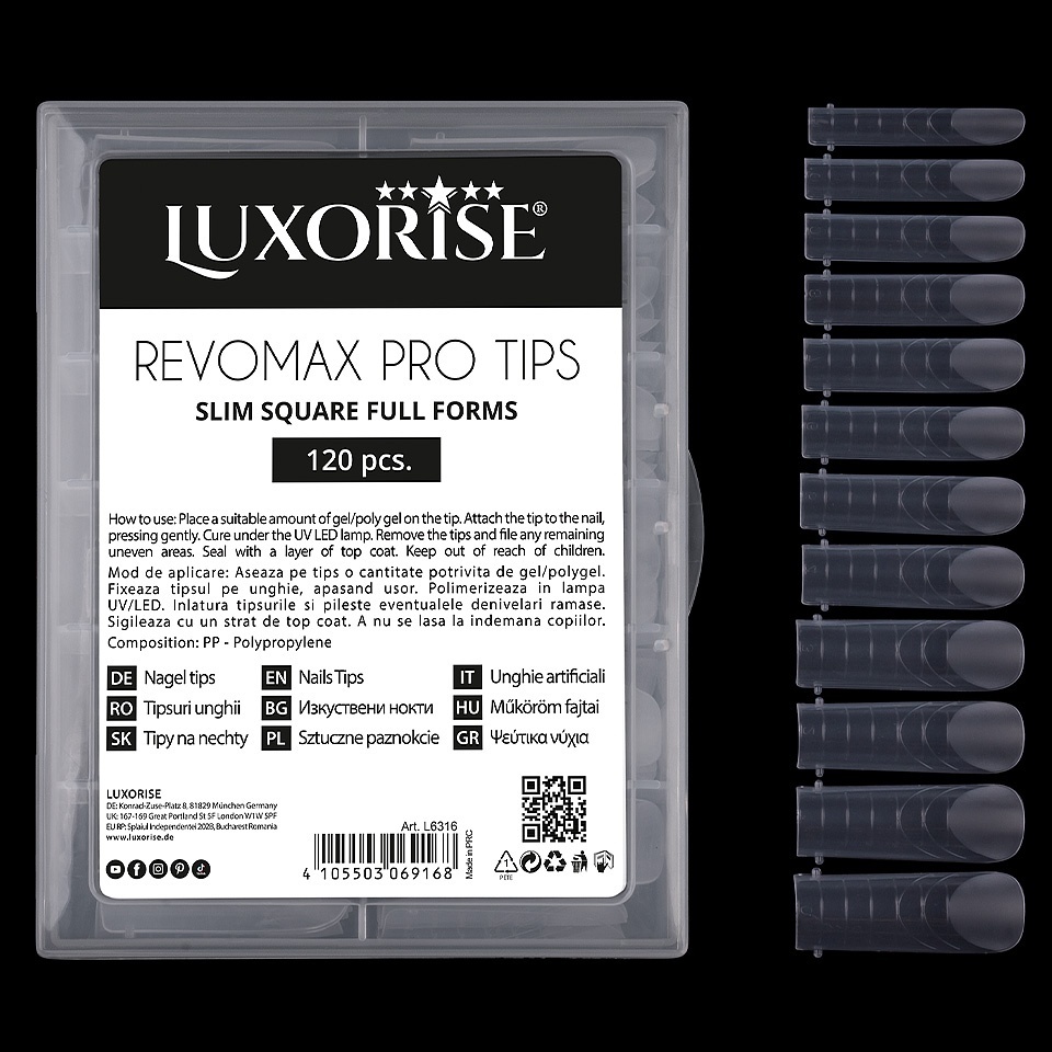 Tipsuri Reutilizabile REVOMAX PRO TIPS LUXORISE Slim Square - Full Forms pentru Polygel si gel, 120 buc