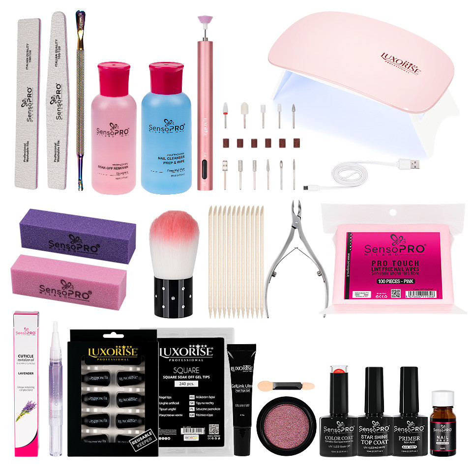 Kit Unghii False cu Tipsuri Soak Off Expert Nails + Freza & Lampa UV LED