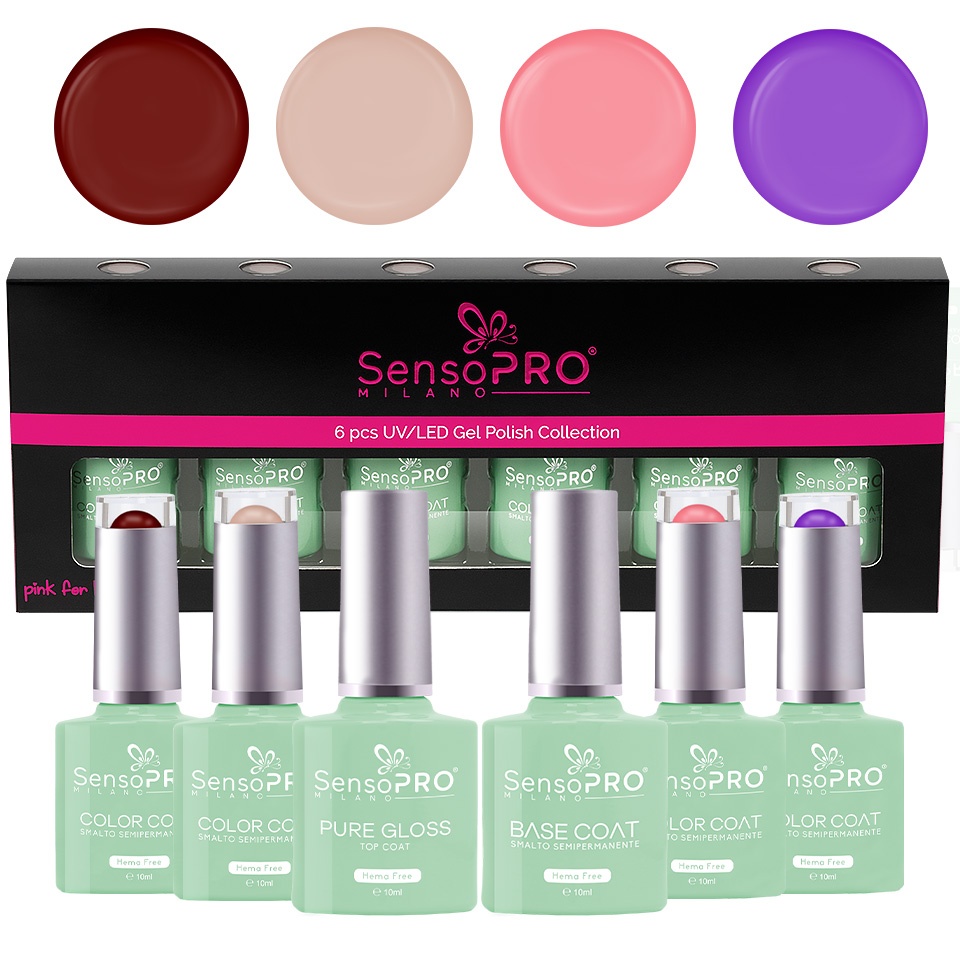 Set 4 Oje Semipermanente, Base & Top Coat Hema Free 10ml SensoPRO Milano, Radiance Charm