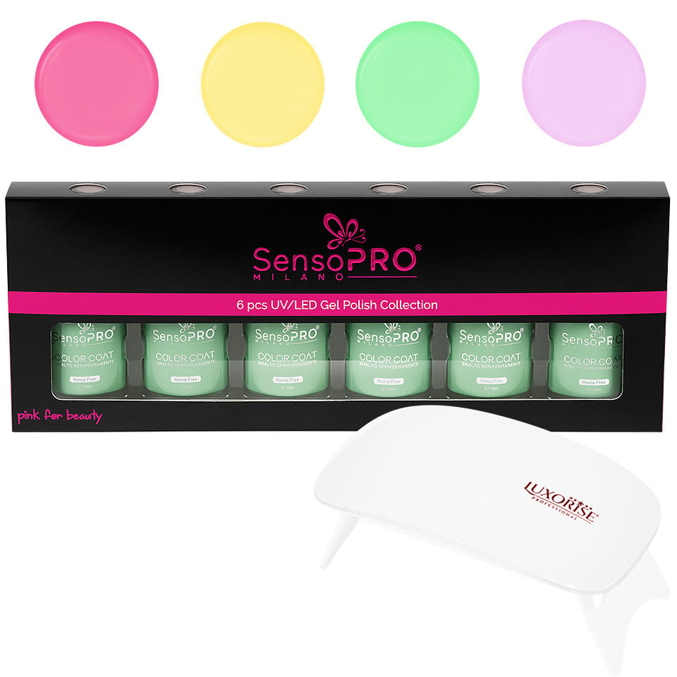 Set 4 Oje Semipermanente, Top & Base Coat Hema Free SensoPRO Milano + Lampa UV, Spring Pastel - 1 | YEO