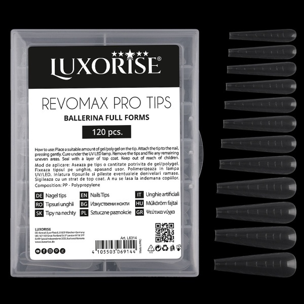 Tipsuri Reutilizabile Polygel & Gel REVOMAX PRO TIPS LUXORISE Ballerina - Full Forms, 120 buc