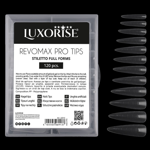 Tipsuri Reutilizabile Polygel & Gel REVOMAX PRO TIPS LUXORISE Stiletto Full Forms, 120 buc