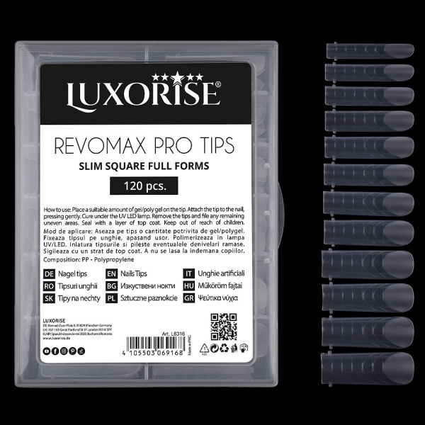 Tipsuri Reutilizabile REVOMAX PRO TIPS LUXORISE Slim Square - Full Forms pentru Polygel si gel, 120 buc